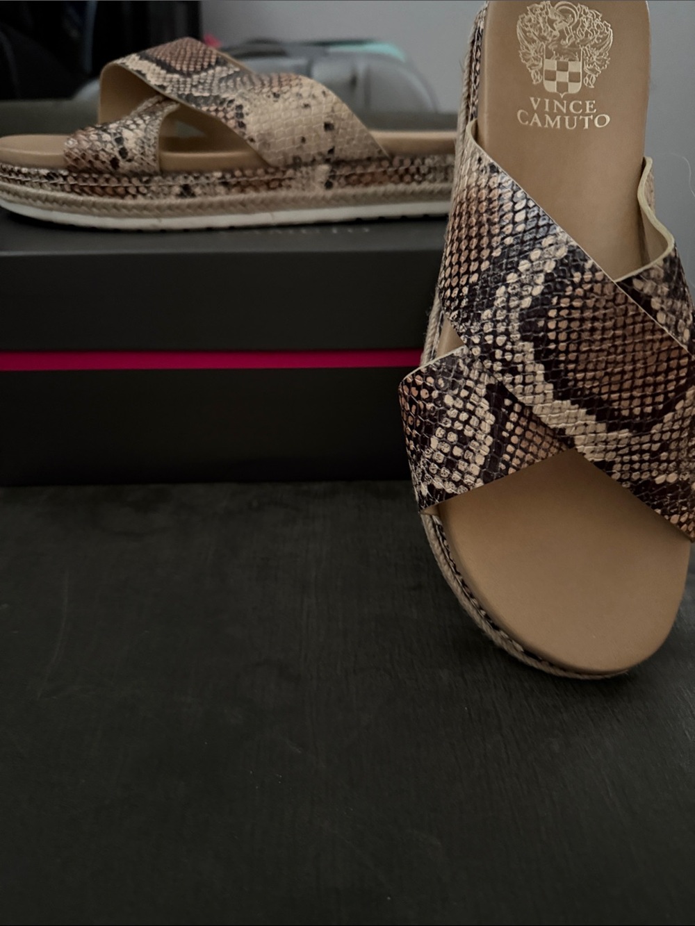 Vince Camuto Snake-Print Crisscross Slide Sandals - Beige/Brown